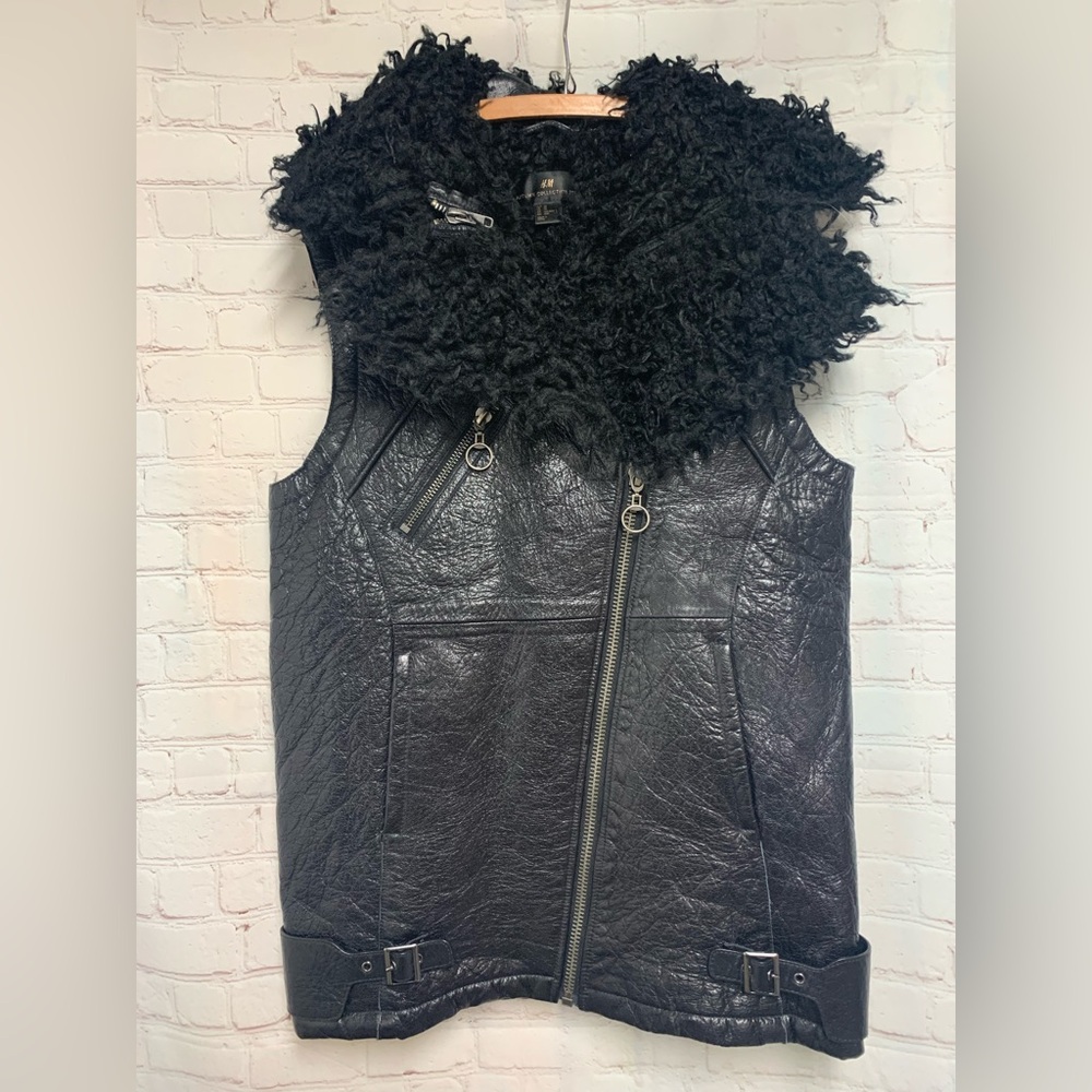 RARE H&M Autumn Collection 2013 Black Shearling Leather Moto Vest Size XS 40” - Picture 3 of 10